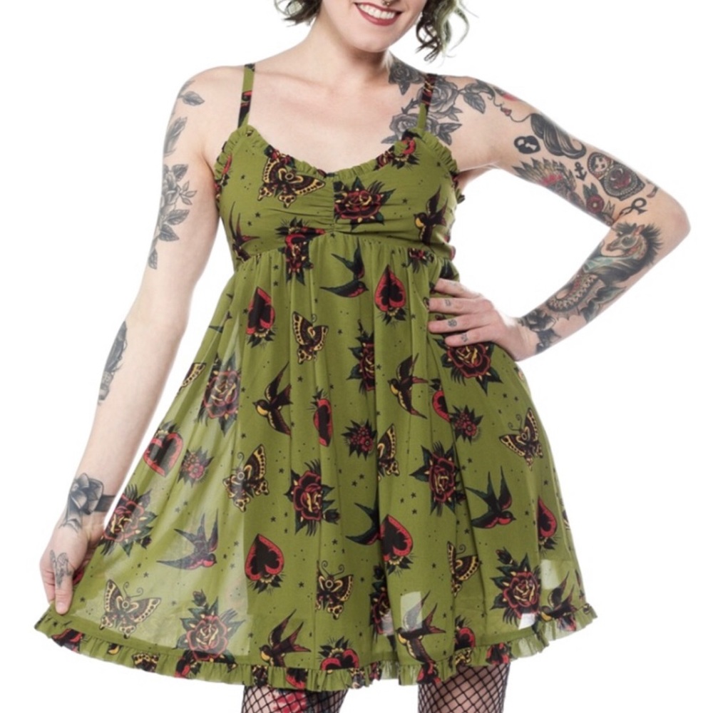 Sourpuss XL Green tattoo print mini dress